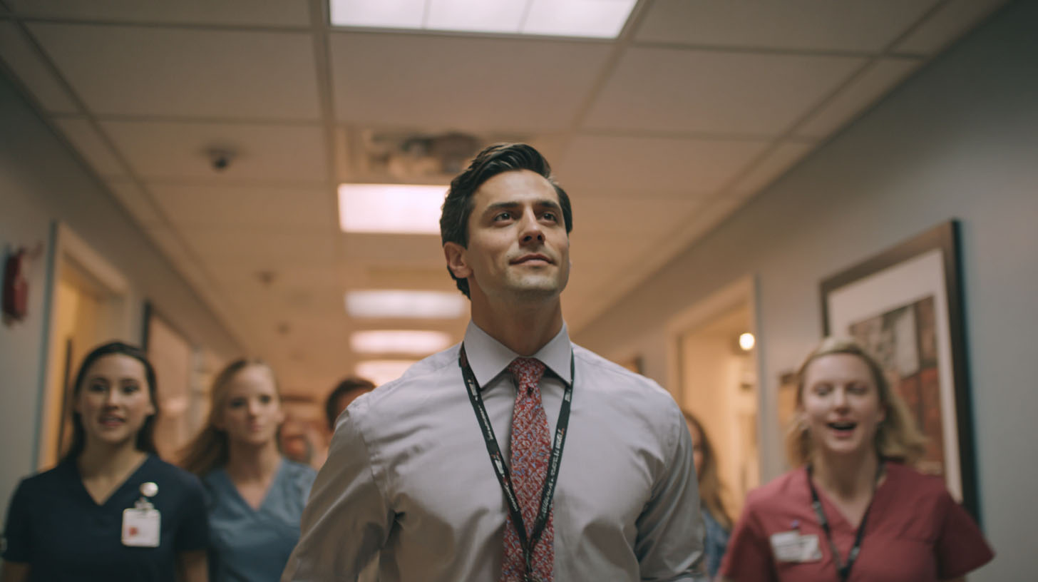A man in a shirt and tie is walking ahead of a group of medical providers